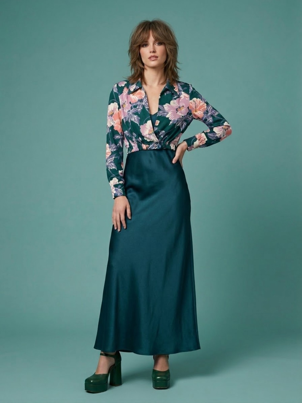 Vintage 70s Tropical Floral Surplus Wrap Crop Jacket Top Long Sleeve Green Pink